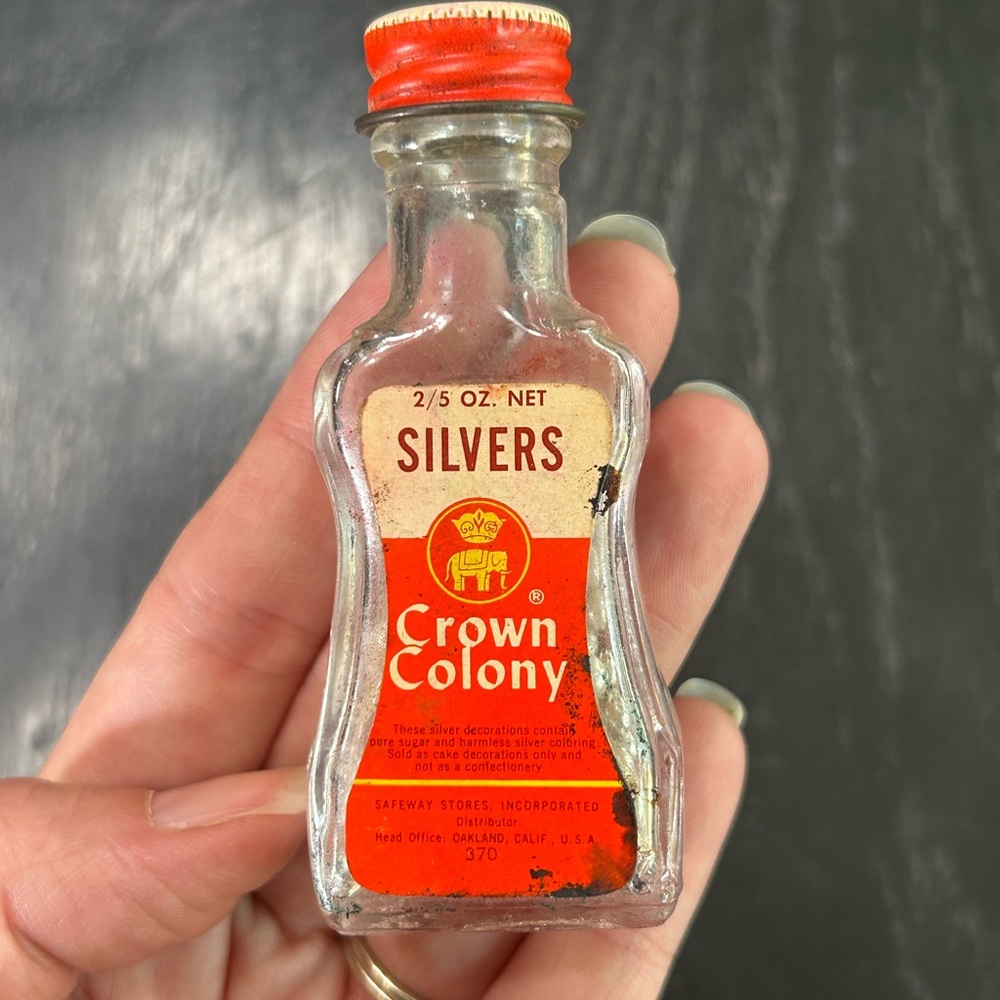 Crown Colony Silvers Silver ball cake decor vintage Bottle- do not consume
